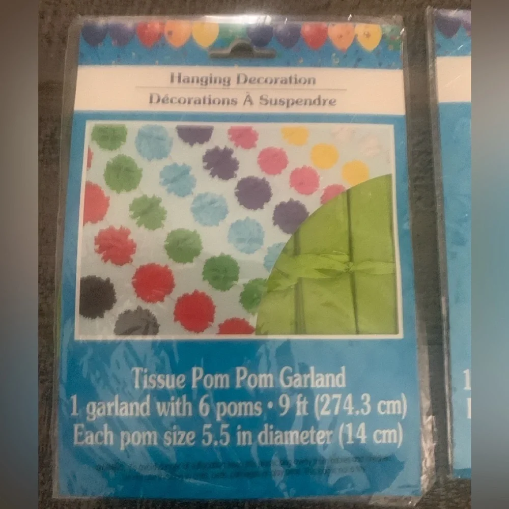 Pom Pom Garlands, Yellow, Green, Blue, 9ft long each, NWT, 6 Poms on each strand